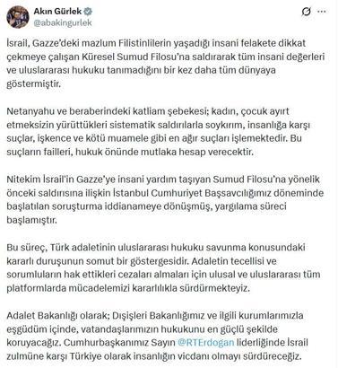 Bakan Gürlek: İsrail, uluslararası hukuku tanımadığını bir kez daha göstermiştir