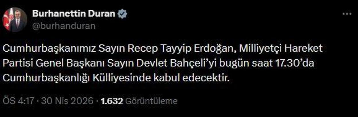 Cumhurbaşkanı Erdoğan, Bahçeli'yi kabul edecek