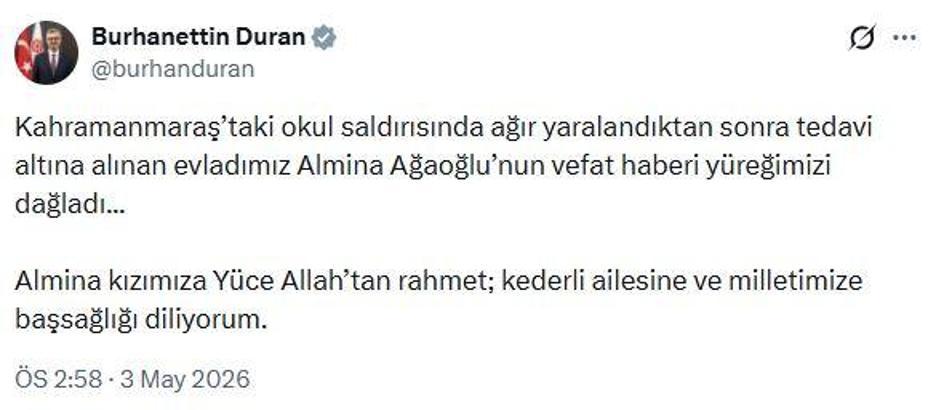 İletişim Başkanı Duran'dan okuldaki saldırının ardından yaşamını yitiren Almina için başsağlığı