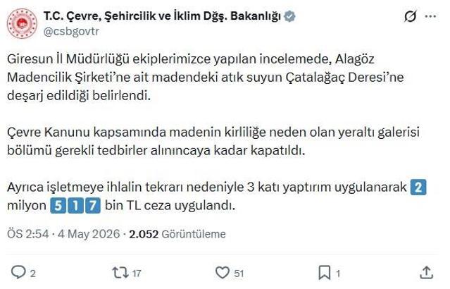 Giresun'da dereyi kirleten maden şirketine 2 milyon 517 bin TL ceza