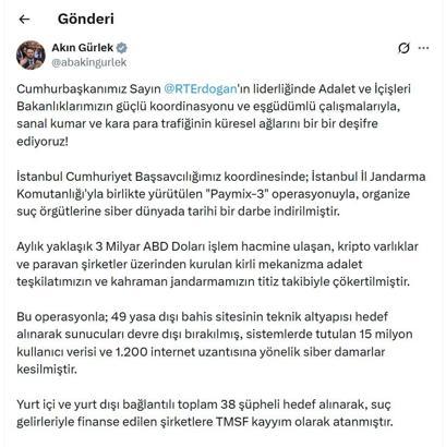 Bakan Gürlek: 'Paymix-3' operasyonuyla suç örgütlerine tarihi darbe indirildi