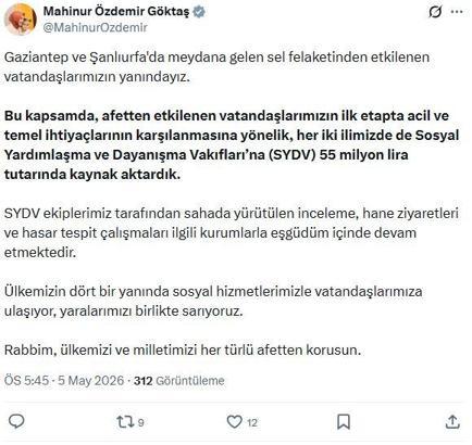 Bakan Göktaş: Gaziantep ve Şanlıurfa'daki sel felaketine ilişkin 55 milyon lira kaynak aktardık