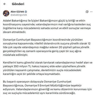 Bakan Gürlek: 12 ilde düzenlenen dolandırıcılık operasyonuyla geniş çaplı suç ağına müdahale edildi