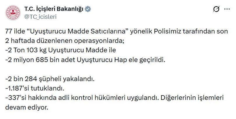 77 ilde uyuşturucu operasyonu: 1187 tutuklama