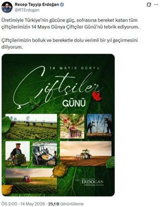 Cumhurbaşkanı Erdoğan, 14 Mayıs Dünya Çiftçiler Günü'nü tebrik etti