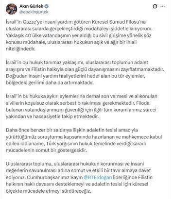 Bakan Gürlek: İsrail, hukuka aykırı eylemlerine derhal son vermeli