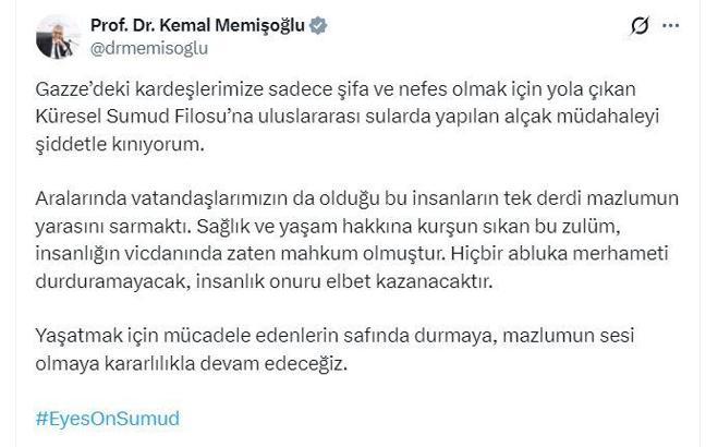 Bakan Memişoğlu: Küresel Sumud Filosu'na yapılan alçak müdahaleyi şiddetle kınıyorum