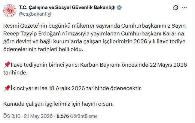Kamu işçilerinin ilave tediye ödemelerinin tarihleri belli oldu