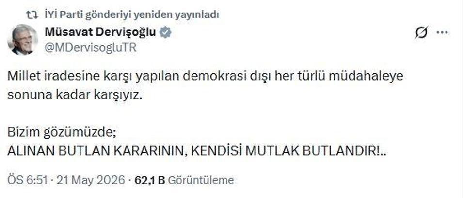 Dervişoğlu: Demokrasi dışı her türlü müdahaleye karşıyız