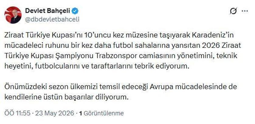 Bahçeli'den Trabzonspor'a tebrik mesajı