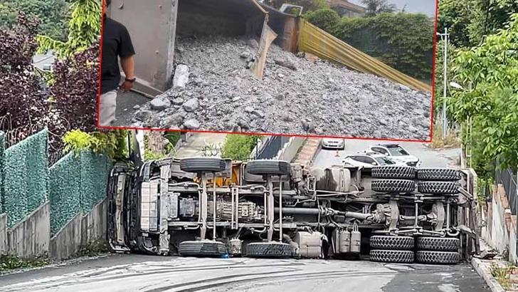 Sarıyer’de yokuÅŸta kayan hafriyat kamyonu devrildi; molozlar yola döküldü