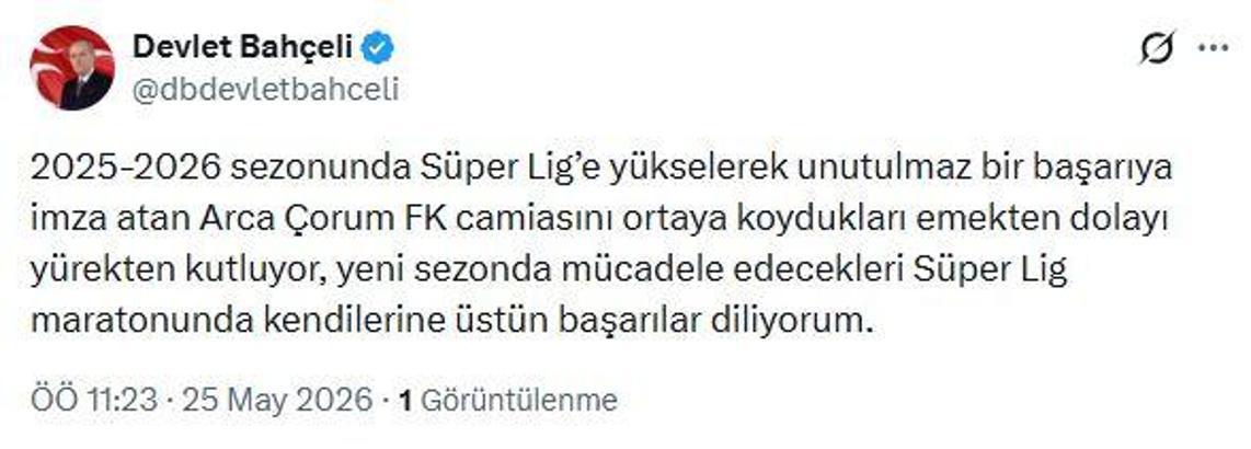 Bahçeli'den, Süper Lig'e çıkan Çorum FK'ye tebrik