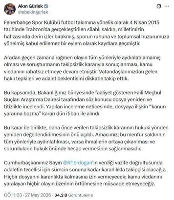 Bakan Gürlek: Fenerbahçe kafilesine saldırı dosyası yeniden incelemeye alındı