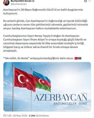 İletişim Başkanı Duran'dan 'Azerbaycan Bağımsızlık Günü' paylaşımı