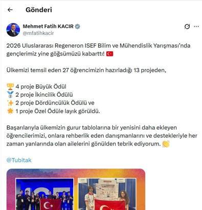 Bakan Kacır: Gençlerimiz ISEF 2026’da yine göğsümüzü kabarttı