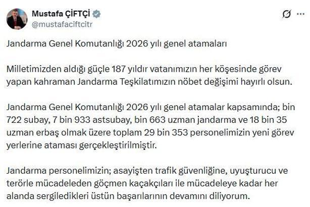 Jandarma Genel Komutanlığı'nda 29 bin 353 personel, yeni görev yerlerine atandı
