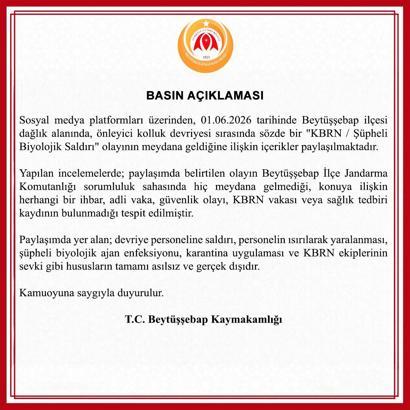 Beytüşşebap Kaymakamlığı'ndan 'KBRN saldırısı' iddiasına yalanlama