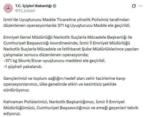 İzmir'de 371 kilogram uyuşturucu ele geçirildi