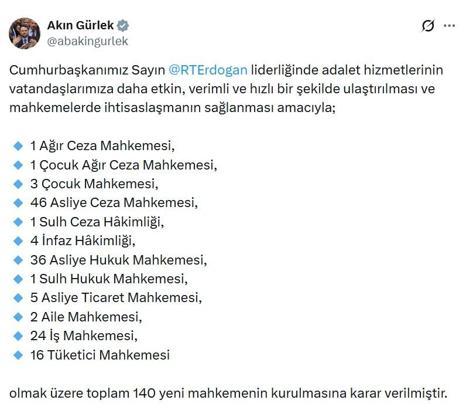 Bakan Gürlek: 140 yeni mahkeme kurulmasına karar verildi