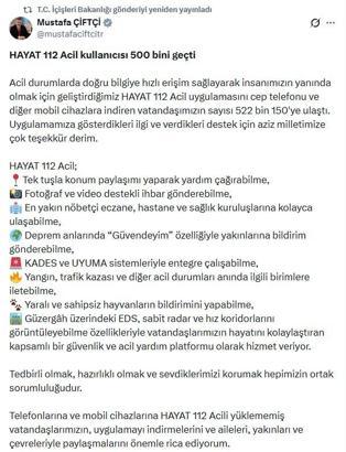 Bakan Çiftçi: HAYAT 112 Acil uygulamasını indiren vatandaş sayısı 552 bin 150'ye ulaştı