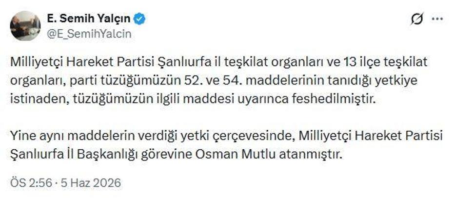 MHP'li Yalçın: Şanlıurfa il teşkilatı feshedildi