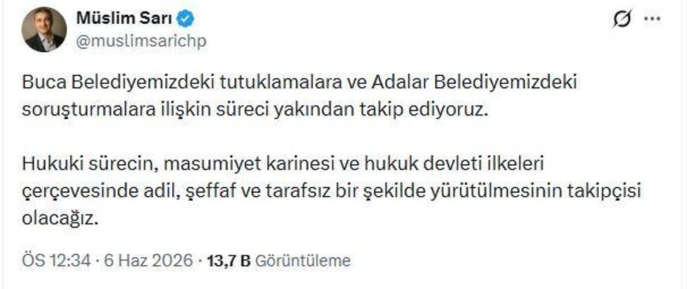 CHP'li Sarı: Buca ve Adalar belediyelerimizdeki süreci yakından takip ediyoruz