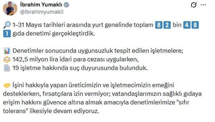 Bakan Yumaklı: Mayısta 82 bin 481 gıda denetimi gerçekleştirdik