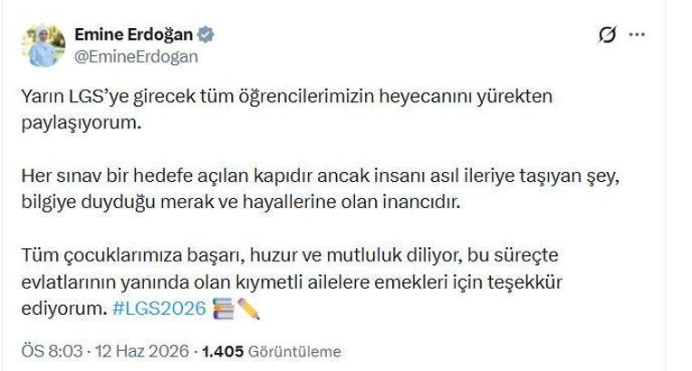Emine Erdoğan, LGS’ye girecek öğrencilere başarı diledi
