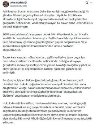 Bakan Gürlek: Bebeğini çöpe bıraktığı tespit edilen şüpheli ve kardeşi hakkında gözaltı kararı verildi