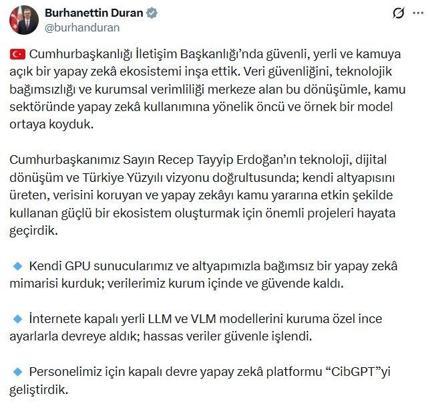 İletişim Başkanı Duran: Kamuda yapay zeka kullanımına yönelik öncü bir model ortaya koyduk