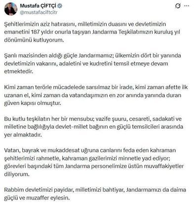 Bakan Çiftçi, Jandarma Teşkilatı'nın kuruluş yıl dönümünü kutladı