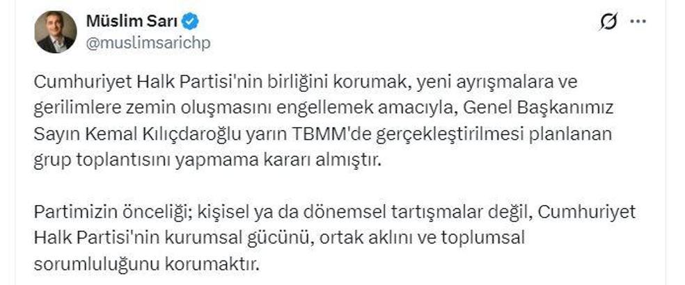 CHP Sözcüsü Sarı: Kılıçdaroğlu, yarın grup toplantısı yapmayacak