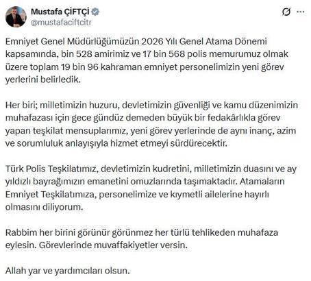Bakan Çiftçi: 19 bin 96 kahraman emniyet personelimizin yeni görev yerlerini belirledik