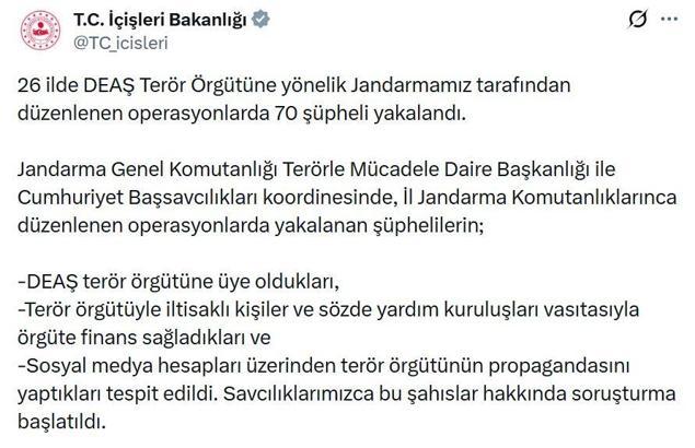 26 ilde DEAŞ operasyonları; 70 şüpheli yakalandı