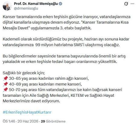 Bakan Memişoğlu: 'Kanser Taramalarına Kısa Mesajla Davet' uygulamasında 3'üncü etabı başlattık