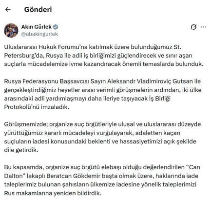 Bakan Gürlek: İade taleplerimizi Rus makamlarına bildirdik