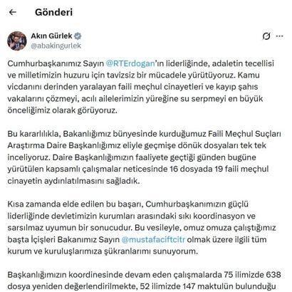 Bakan Gürlek: Faili Meçhul Suçları Araştırma Daire Başkanlığı’nın çalışmalarıyla 19 cinayet aydınlatıldı