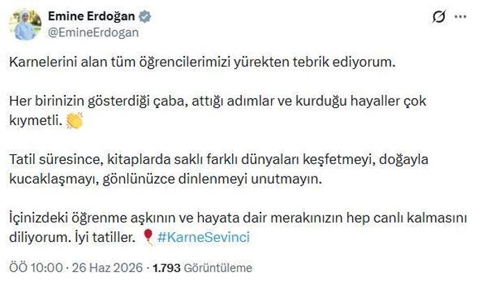 Emine Erdoğan'dan 'karne günü' mesajı