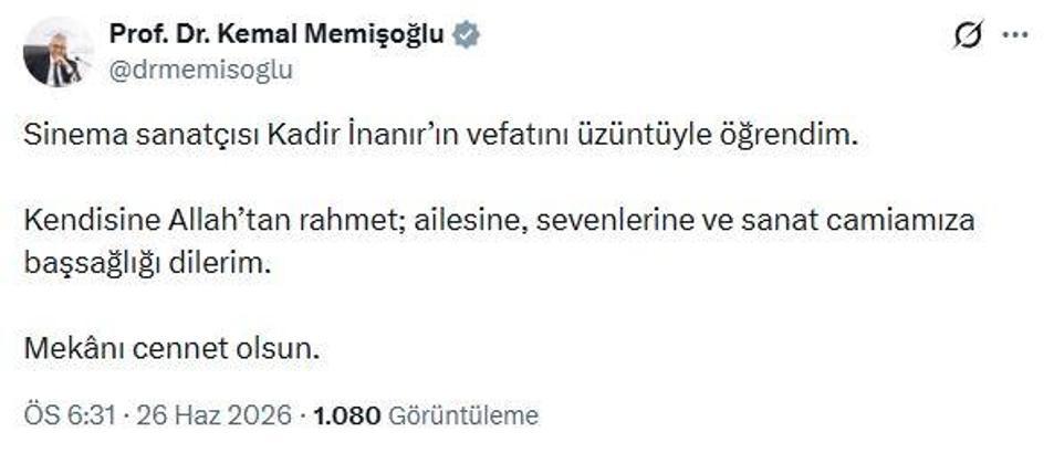 Bakan Memişoğlu'ndan Kadir İnanır için başsağlığı mesajı