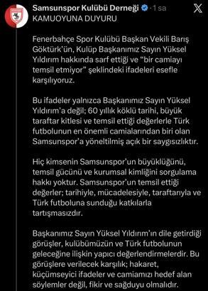 Samsunspor’dan, Fenerbahçe Başkan Vekili Barış Göktürk’ün sözlerine tepki