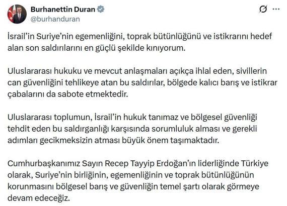 İletişim Başkanı Duran: İsrail’in, Suriye’nin egemenliğini hedef alan saldırılarını kınıyorum