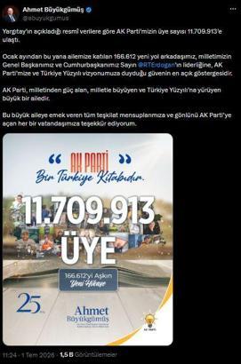 AK Parti'li Büyükgümüş: AK Parti'mizin üye sayısı 11 milyon 709 bin 913'e ulaştı