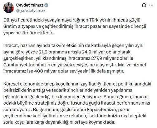 Cevdet Yılmaz: Güçlü ihracat performansımızı sürdürüyoruz