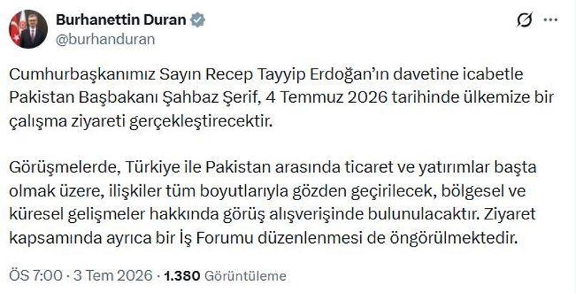 Pakistan Başbakanı Şerif, Türkiye'ye gelecek