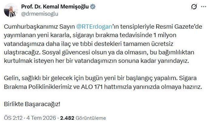 Sigarayı bırakma tedavisinde 1 milyon vatandaşa daha ücretsiz ilaç ve tıbbi destek sağlanacak