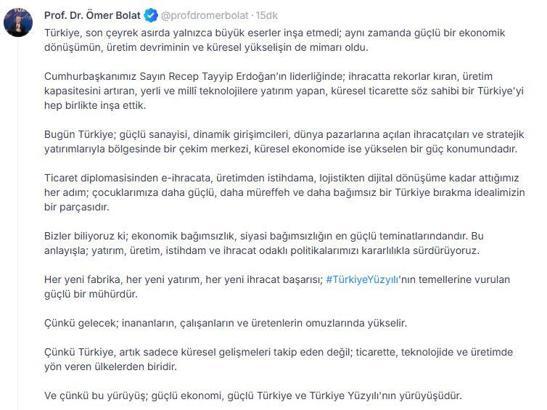 Bakan Bolat: Ekonomik bağımsızlık, siyasi bağımsızlığın en güçlü teminatlarındandır