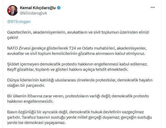 Kılıçdaroğlu: Demokratik protesto hakkının engellenmesi kabul edilemez