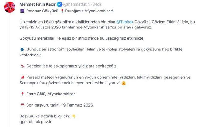 TÜBİTAK Gökyüzü Gözlem Etkinliği, Afyonkarahisar'da yapılacak