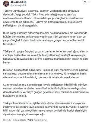 Bakan Gürlek: Türkiye'de yargı süreçleri bağımsız mahkemelerin takdirine göre ilerler