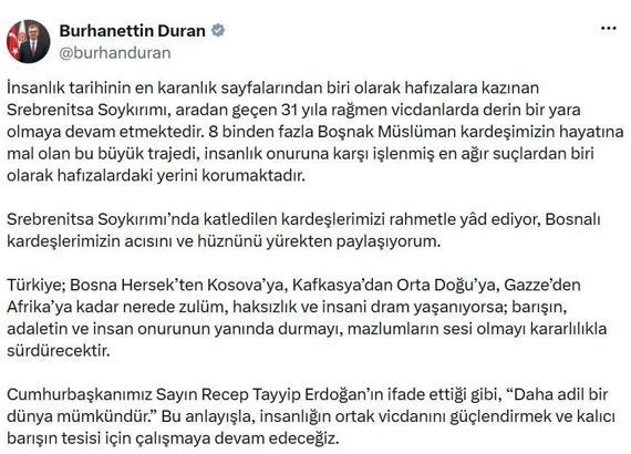 İletişim Başkanı Duran, Srebrenitsa Soykırımı'nda hayatını kaybedenleri andı